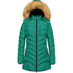 Women's Teal Blue Winter Warm Long Hooded Puffer Jacket Coat Fabric Waterproof